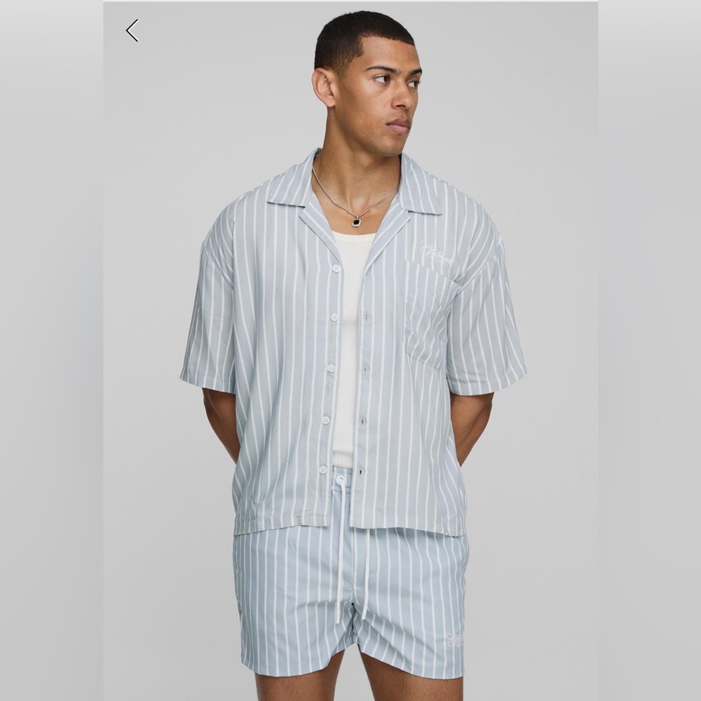 Boohoo Man Striped Button-Up Shirt and Shorts Swim Set
